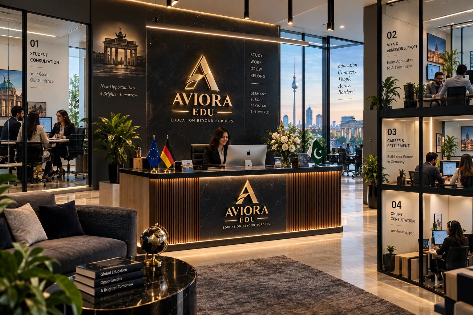 AVIORA EDU office with German, EU and Pakistani flags and consultation rooms