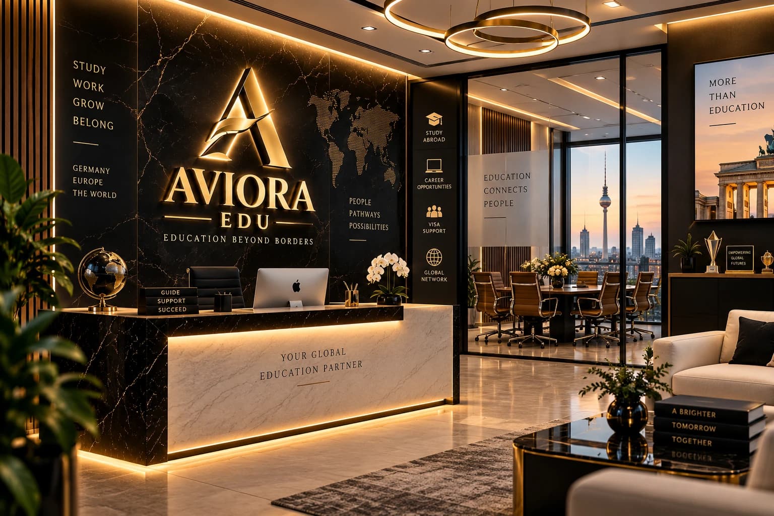AVIORA EDU reception and lounge at dusk with a view of the Berlin TV Tower
