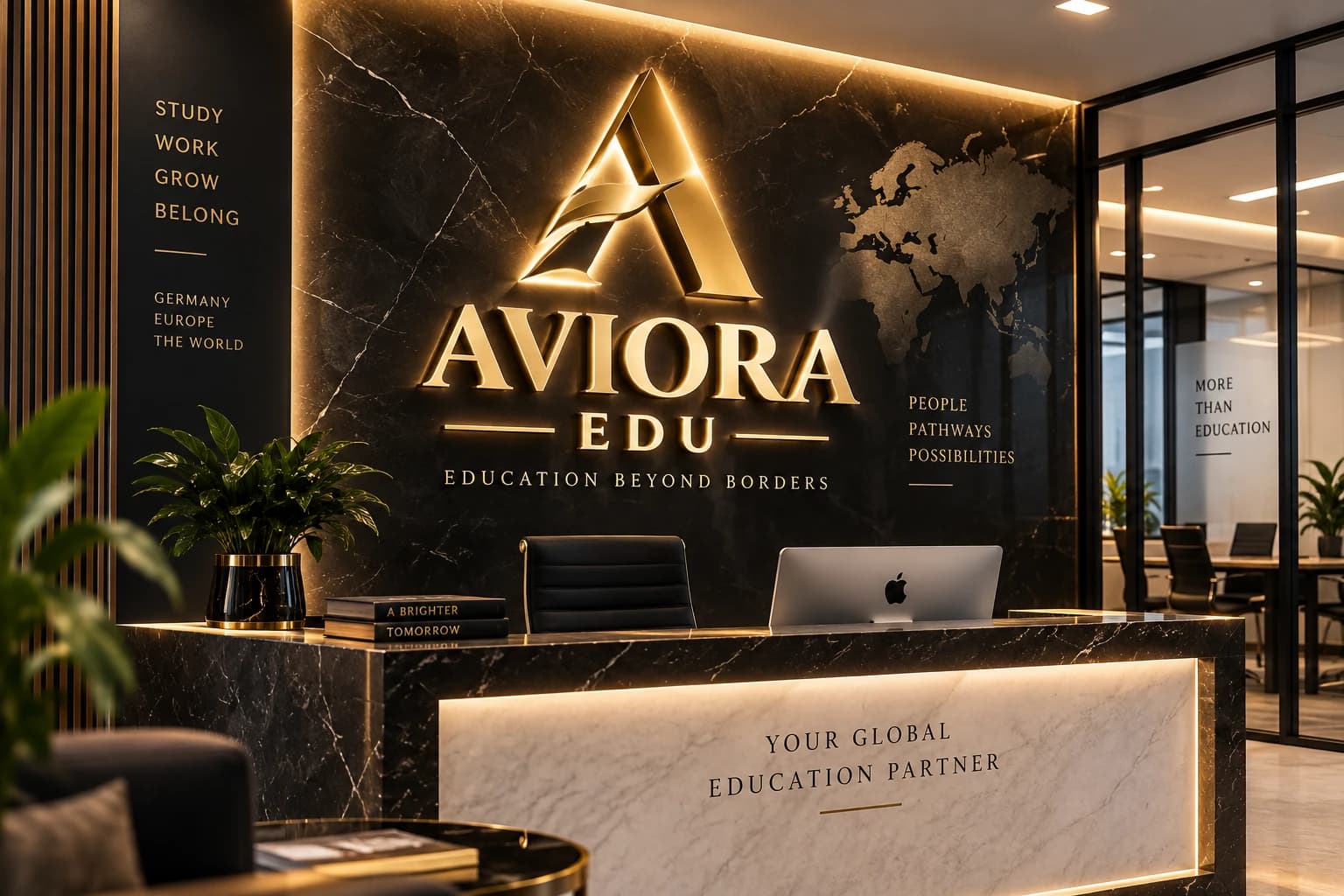 Illuminated AVIORA EDU marble wall with world map behind the reception desk