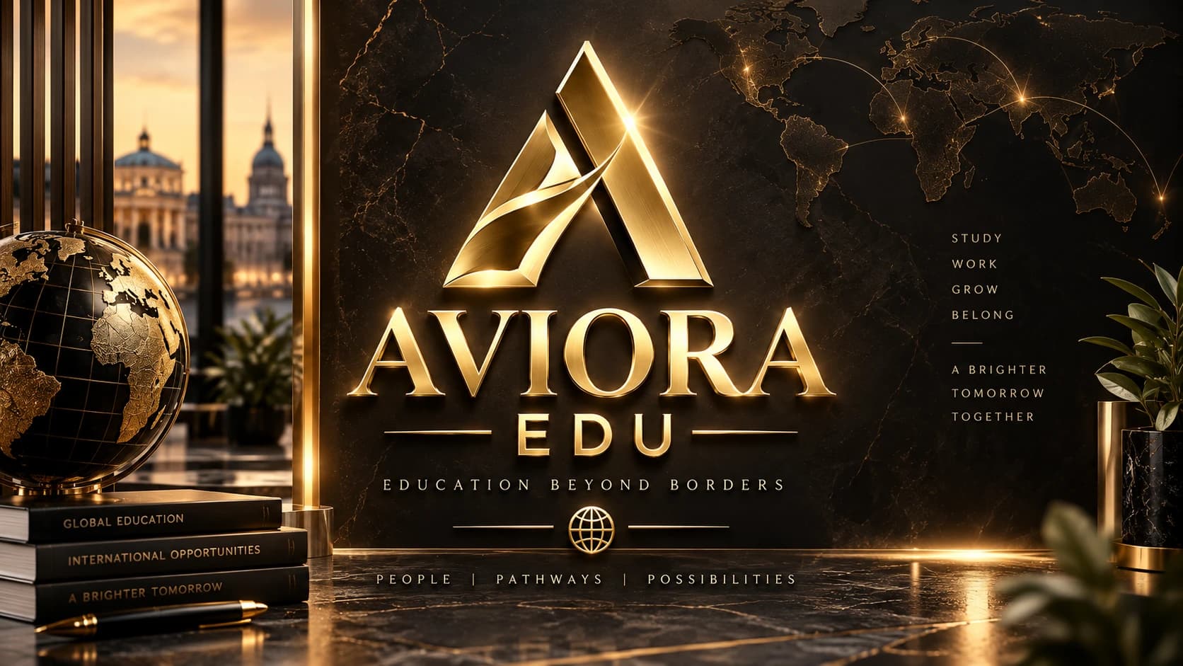 AVIORA EDU gold emblem on black marble with a glowing world map — Education beyond borders