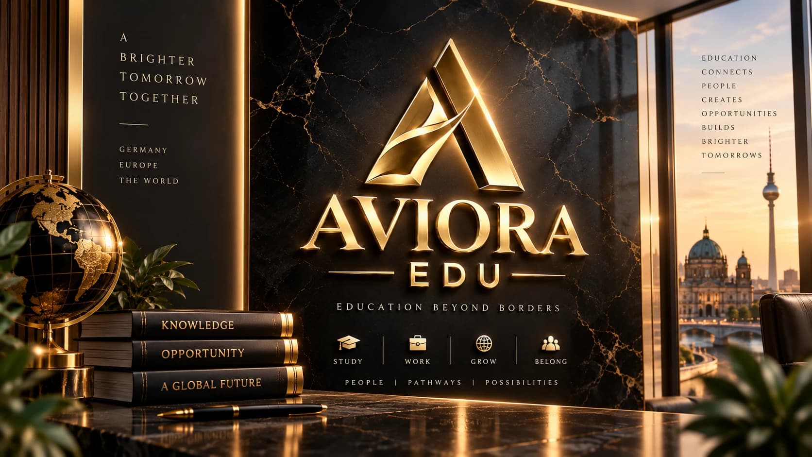Gold AVIORA EDU sign on black marble beside a window overlooking Berlin